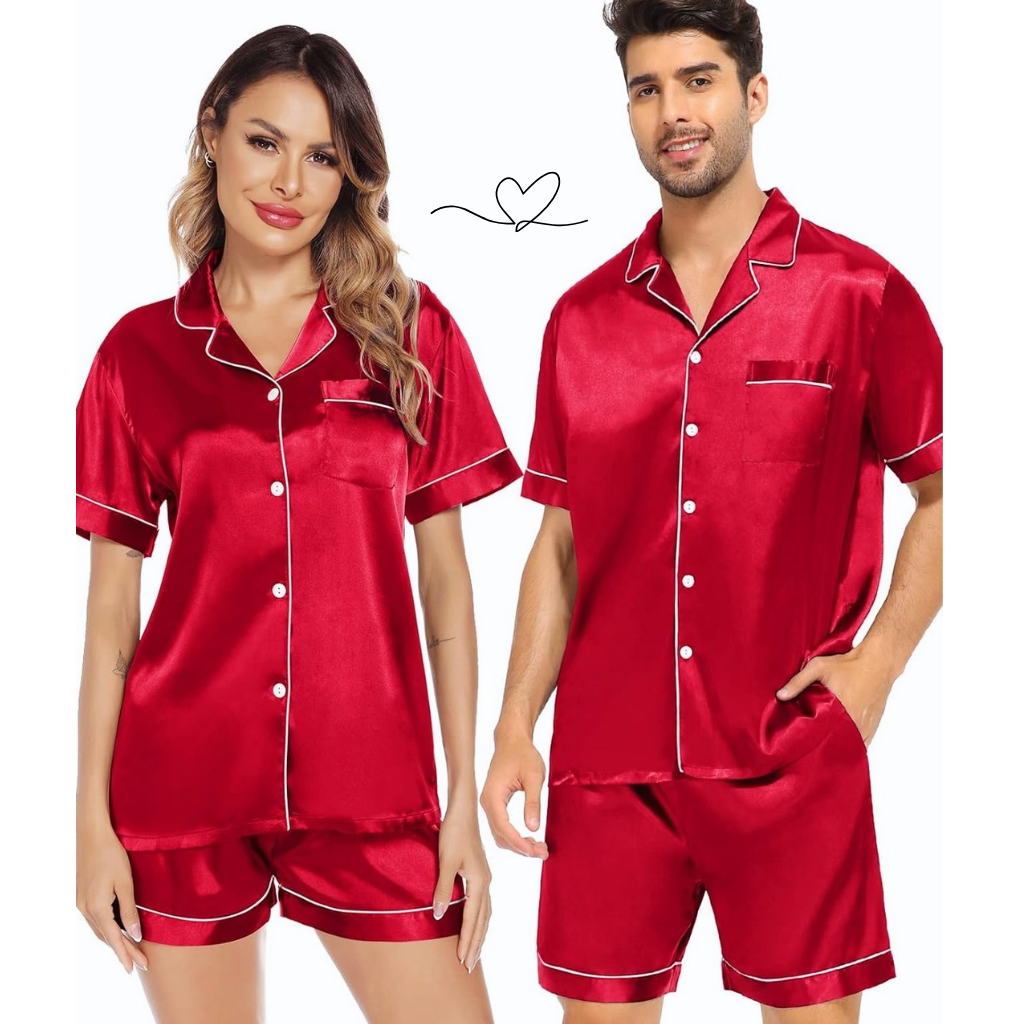 Pyjama Couple en Soie Rouge Satinée